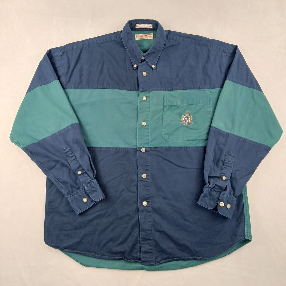 VTG Guess Jeans Medium Mens Shirt Button Down Long Sleeve Colorblock 23x27‎
